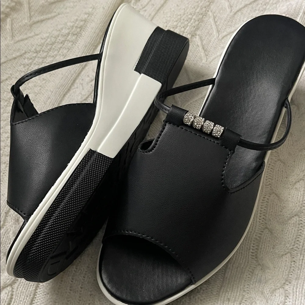 Fashion Nova Black and White Platform Wedge Slides